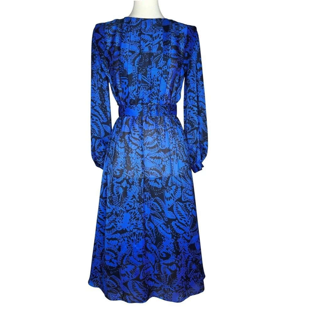 Jonathan Martin Vintage 80's Blue Butterfly Print Pleated Midi Dress Long Sleeve